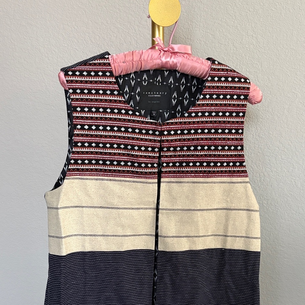 Sanctuary Mixed-Pattern Sleeveless Tunic Vest in Burgundy, Black, Cream